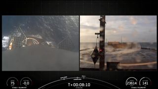 слева: вид с ракеты, приземляющейся для посадки на корабль в море. справа: камера на палубе корабля показывает посадочную площадку, на заднем плане океан