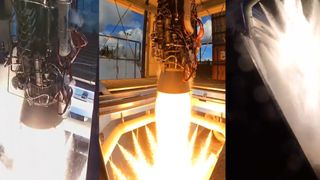 яркий клин пламени вырывается из конусообразного сопла ракеты